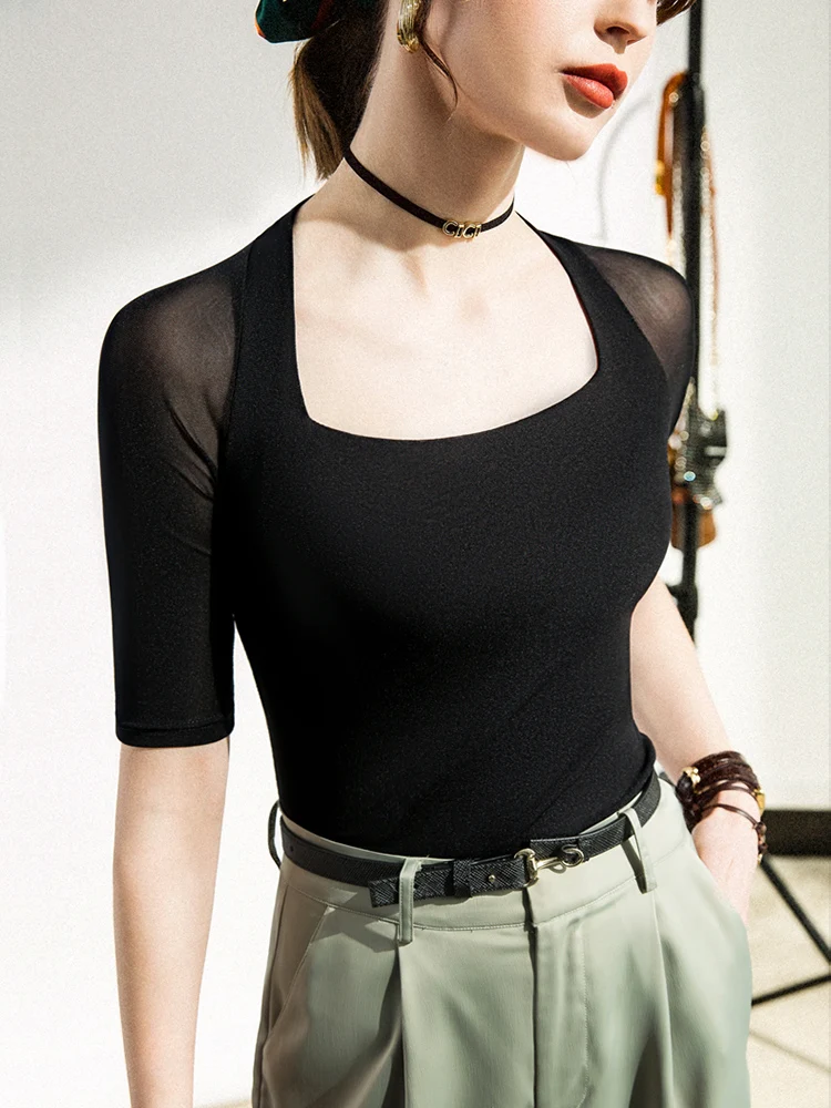

Half-Sleeve T-shirt Women 2021 Mesh Stitching Solid Top Thin Bottoming Shirt Square Collar Slimming Elegant Shirts Summer