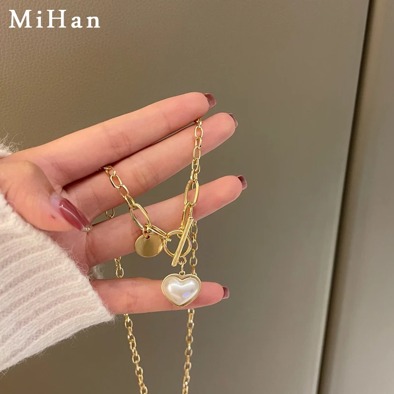 

Mihan Women Jewelry Simulated Pearl Heart Pendant Necklace Popular Design One Layer Golden Plating Chain Necklace For Girl