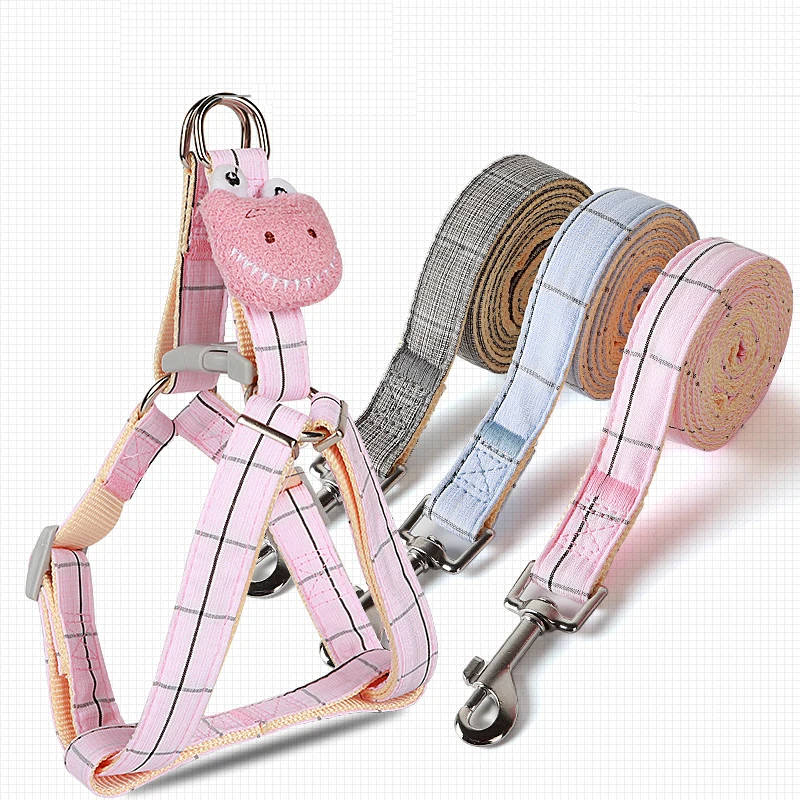 

Cartoon Dinosaur Lattice Dog Harness Traction Rope Comfortable Cotton Pet Supplies Small Dogs Cat Chest Harness Dog Lead Strap