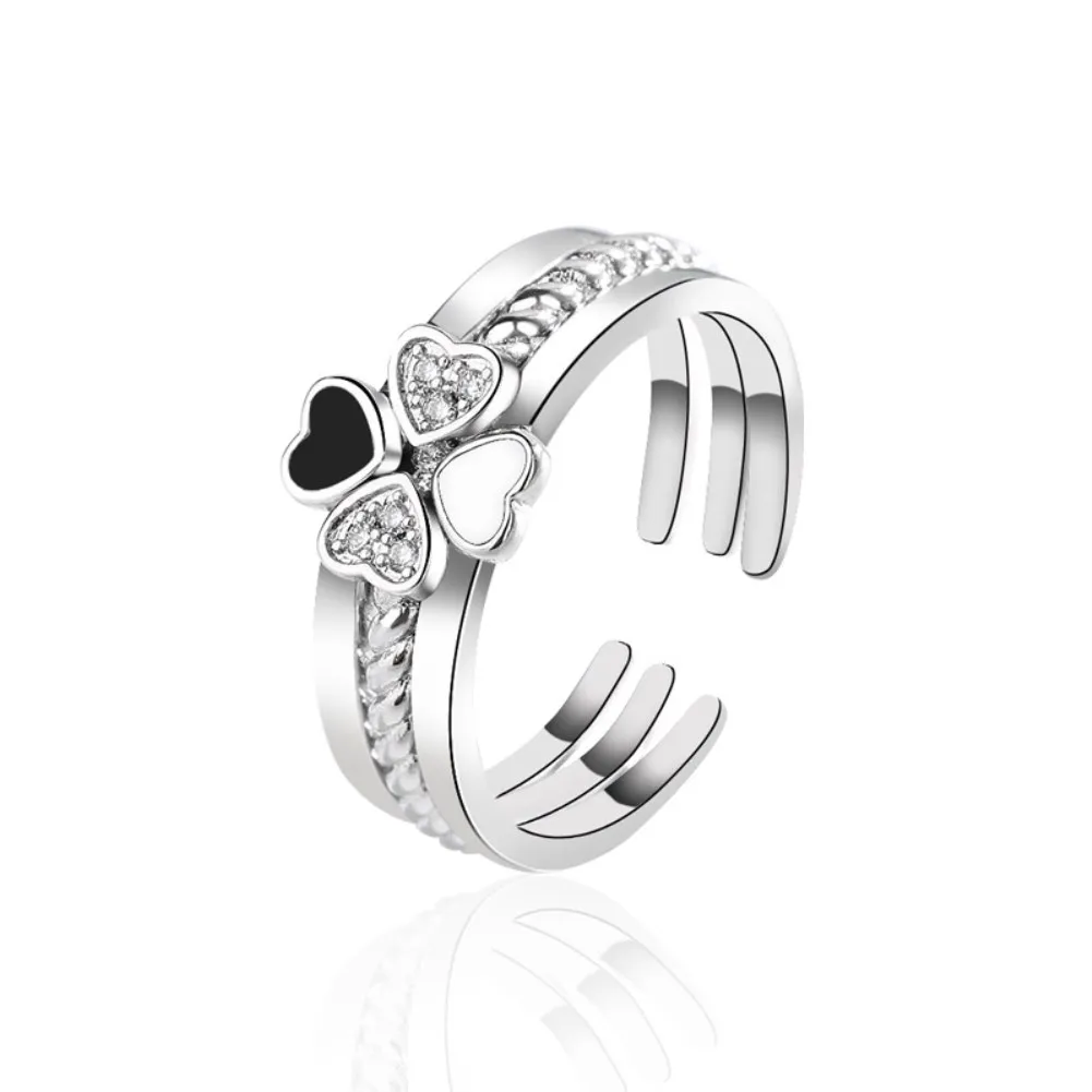 

Fashion Silver Ring 3 Combination to 1 Open Ring Clover with Shiny Zirconia for Women Girlfriend Gift Resizable PNJ160