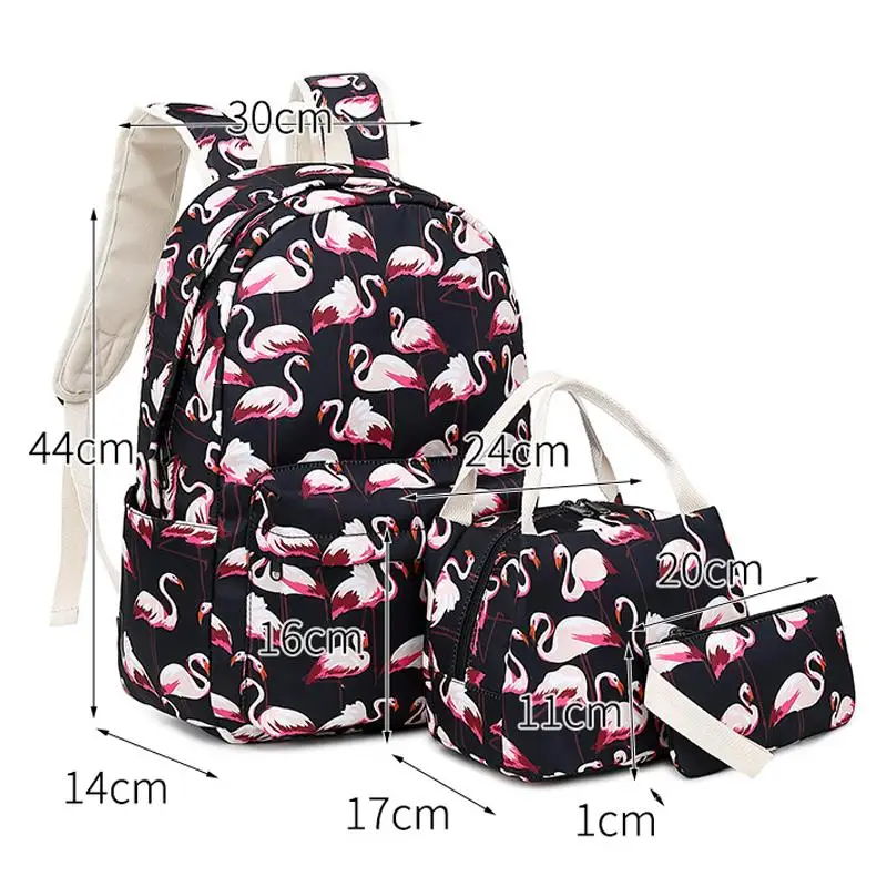 

Fashion Flamingo Print Girls Backpack Children School Bags Three-piece Waterproof Nylon Large-capacity Kids Backpack Lunchbags