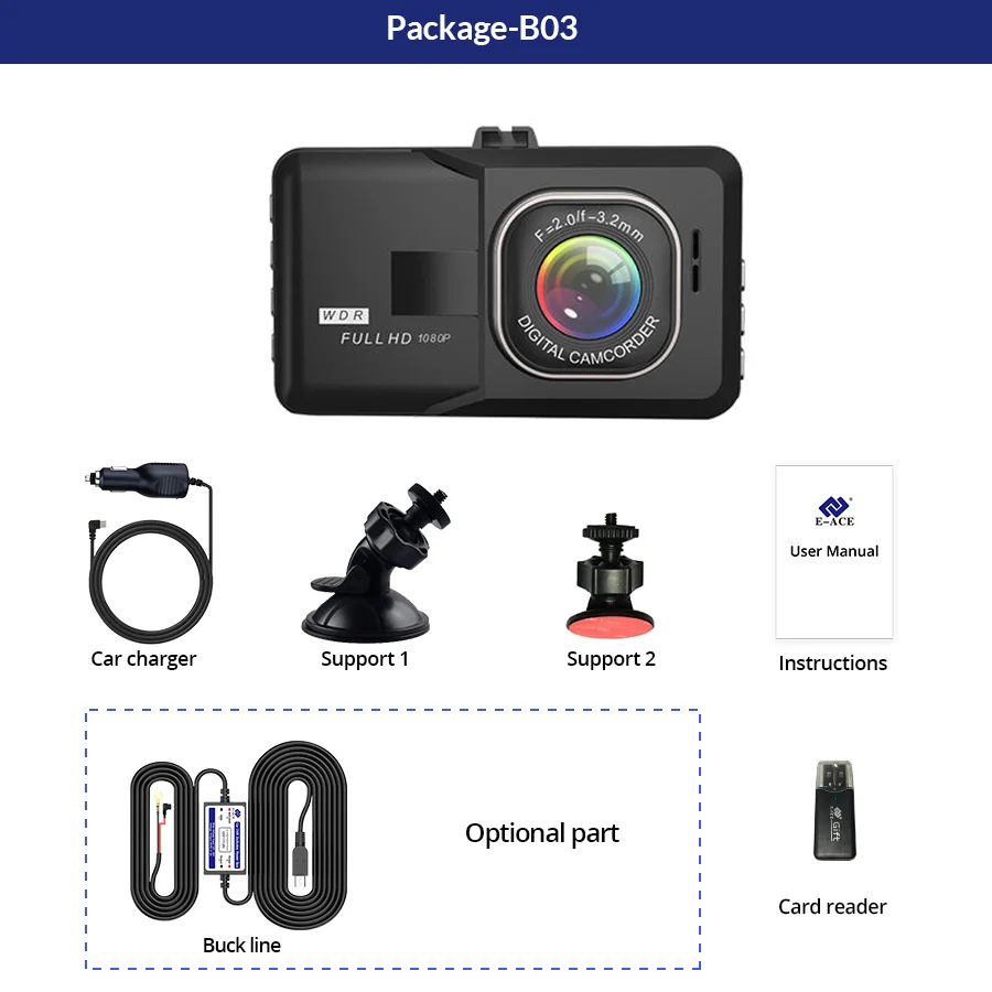 E-ACE 3-дюймовый Автомобильный видеорегистратор Портативный с ночным видением Full HD