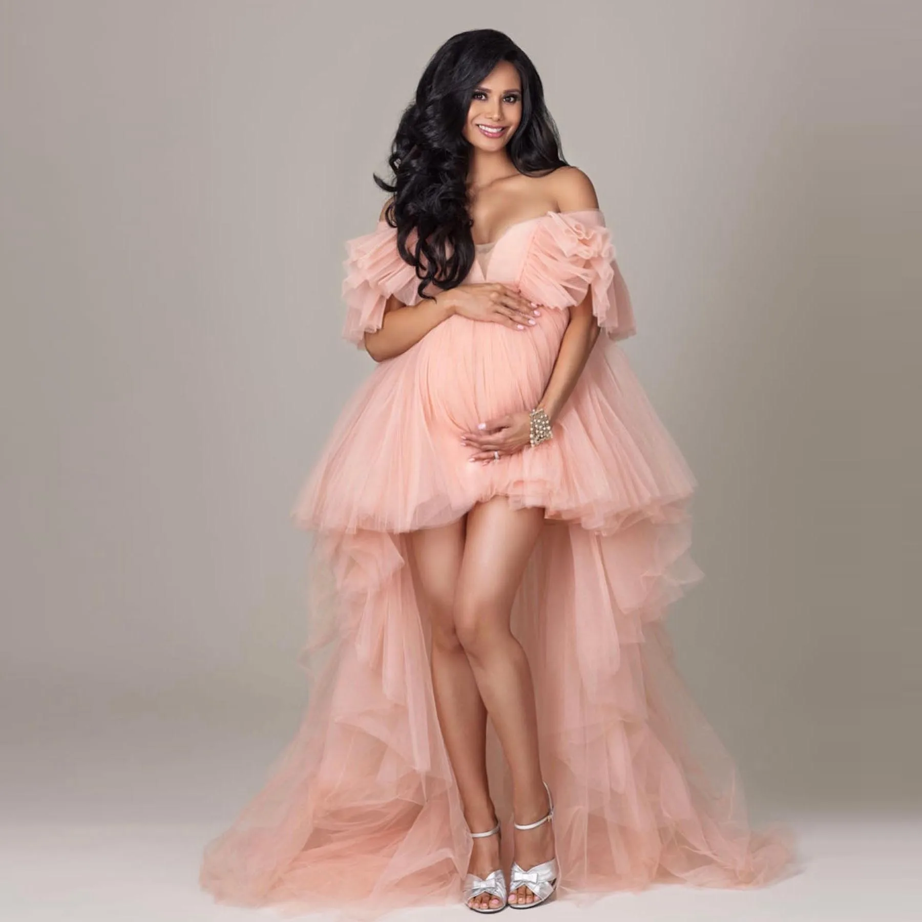 

Off Shoulder Ruffles Ball Gown Dress Light Pink Tulle Dress High Low Lush Evening Dresses Elegant Maternity Dress For Photoshoot