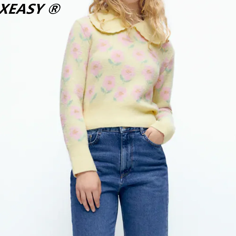 

XEASY 2021 Women Fashion Floral Print Sweater Vintage Peter Pan Collar Long Sleeve Female Sweet Slim Pullovers Chic Top