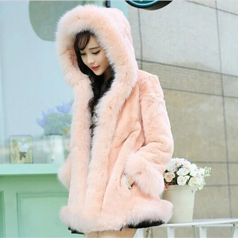 

Women Winter New Solid Color Thick Warm Large Fur Collar Hooded Fur Leather Female Loose Casual Parkas Ladies Sweet Coats ML748