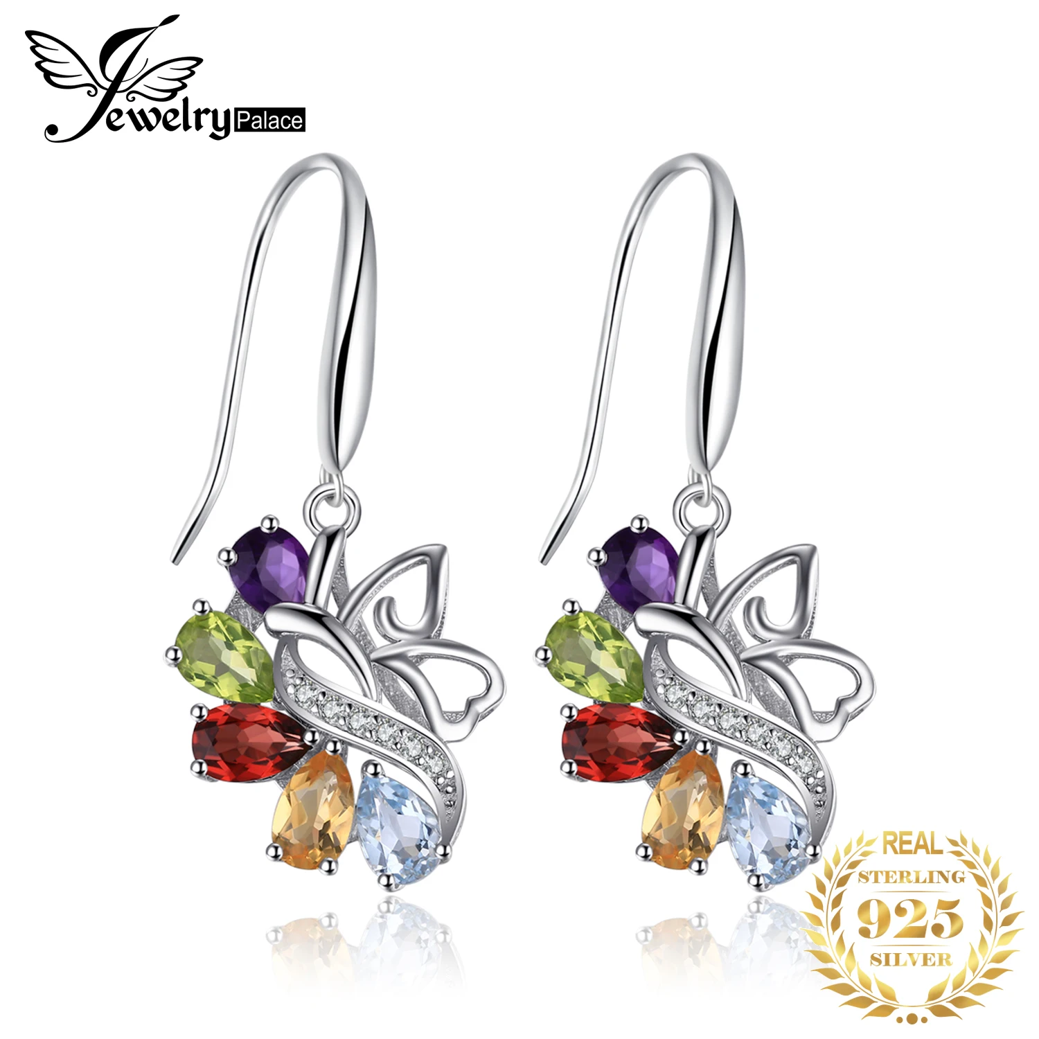Jewelrypalace бабочка 4.8ct подлинная аметист цитрин гранат перидот голубой топаз Длинные висячие серьги 925 стерлингов Серебряные ювелирные изделия