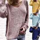 Повседневный женский свободный однотонный вязаный свитер, джемпер с V-образным вырезом и длинным рукавом, топ из трикотажной ткани, полиэстер, женский свитер из спандекса