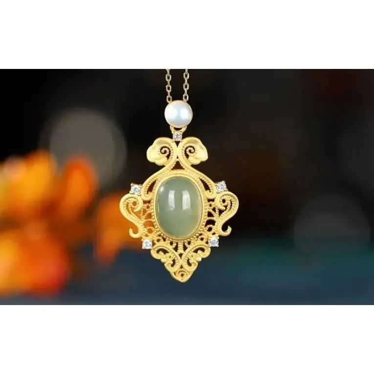 

Original S925 Sterling Silver Hetian Jade Green Jade Zhen Upscale Personality Hollow Women's Jade Necklace Pendant Necklace Set