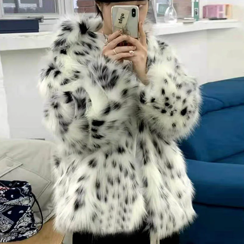 

Шуба Lugentoolo из искусственного меха, женская зимняя Толстая теплая меховая куртка с леопардовым принтом, корейская мода, уличная одежда, своб...