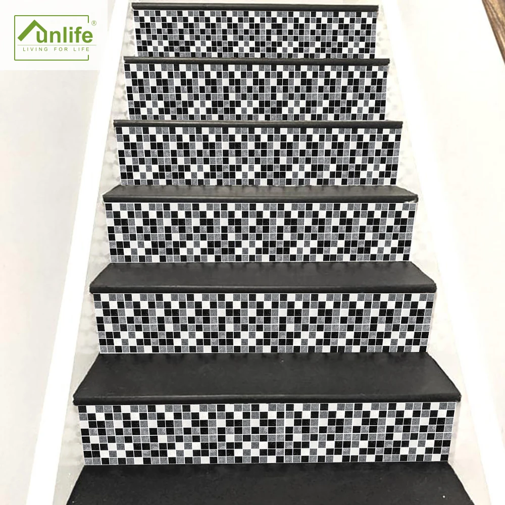 

Funlife®Черно-белые мозаичные наклейки для лестницы, наклейки на пол, самоклеящиеся наклейки для дома «сделай сам», Нескользящие водонепрониц...
