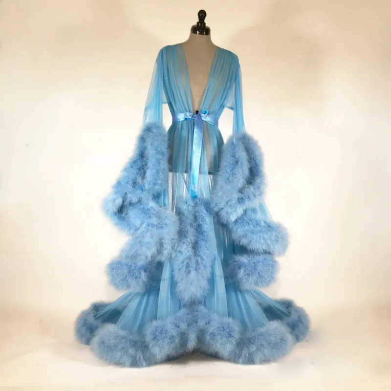 Халат женский длинный с синими перьями ночная рубашка Пижама одежда для сна