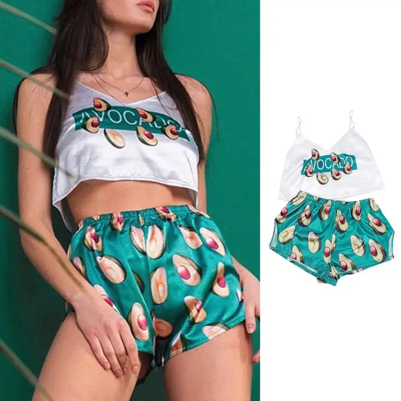 

Women Imitation Silk Pajamas Set Sleeveless Camis Top Shorts Avocado Sleepwear