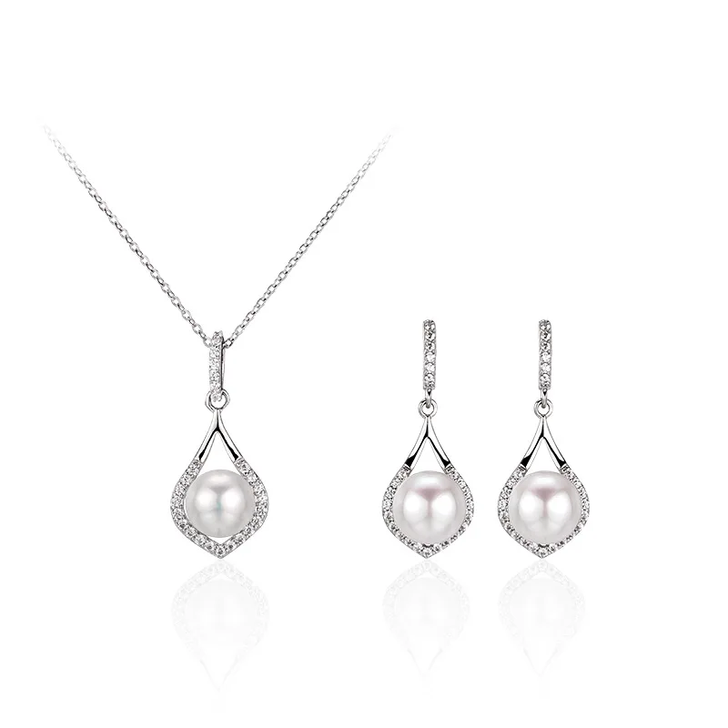

New S925 Sterling Silver Natural Freshwater Pearl Necklace Female Clavicle Chain Pendant Earring Set Ladies Jewelry Accessories