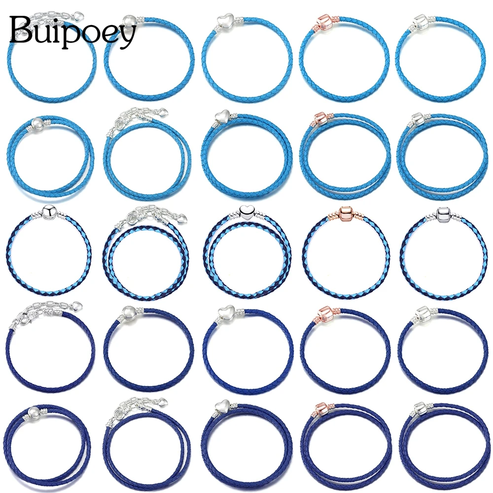 

Buipoey Ocean Style Cyan & Blue Leather Bracelets Fit Diy Beads Original Braided Leather Bracelet Jewelry Accessory Basic Chain