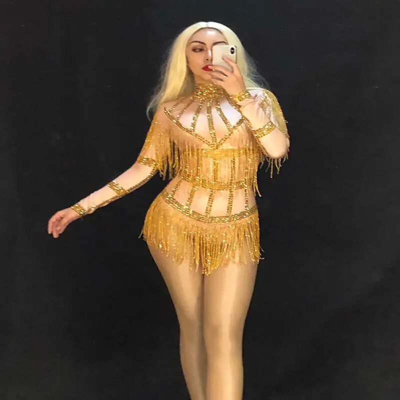 

Женские сексуальные танцевальные костюмы певицы, женский комбинезон с золотыми кисточками и блестящими кристаллами, одежда для ночного кл...