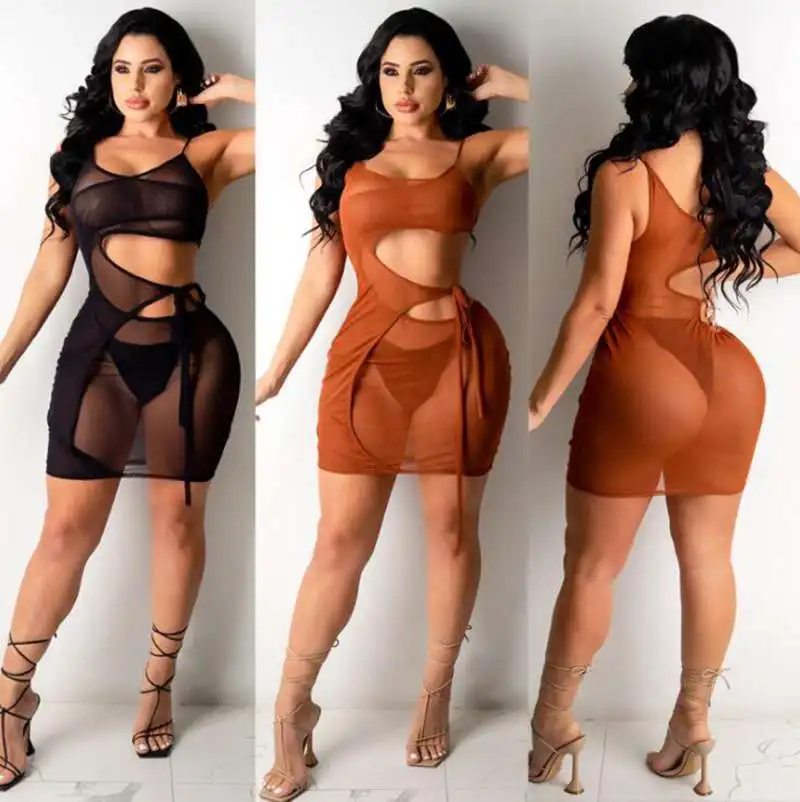 

ZKYZWX S-4XL Mesh Sheer Bandage Mini Dress Sexy Summer Outfits for Women Night Club Wear Hollow Spaghetti Strap Party Dresses