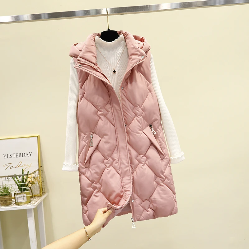 Women Plus Size Down Vest New Autumn Winter Sleeveless Cotton Padded Jacket Female Long Hooded Waistcoat Parkas Ladies Outerwear  - buy with discount