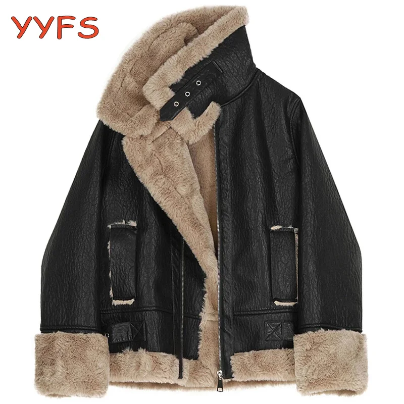 

Зимняя куртка из искусственной кожи с норковым отворотом, Женская свободная локомотивная куртка на молнии, Женское зимнее плотное теплое мотоциклетное пальто из искусственной кожи