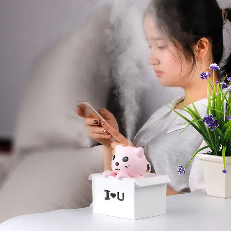 

Mimi Cat Humidifier Ultrasonic Aroma Diffuser USB Humidificador with Color Night Lamps 330ml Air Purifier Home Mist Maker Mini