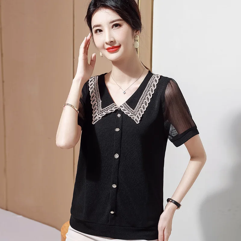 

Peter Pan Collar Women Blouse Shirt New 2021 Summer Short-Sleeve Chiffon Shirt Elegant Solid Color Women Tops Plus Size Blusas