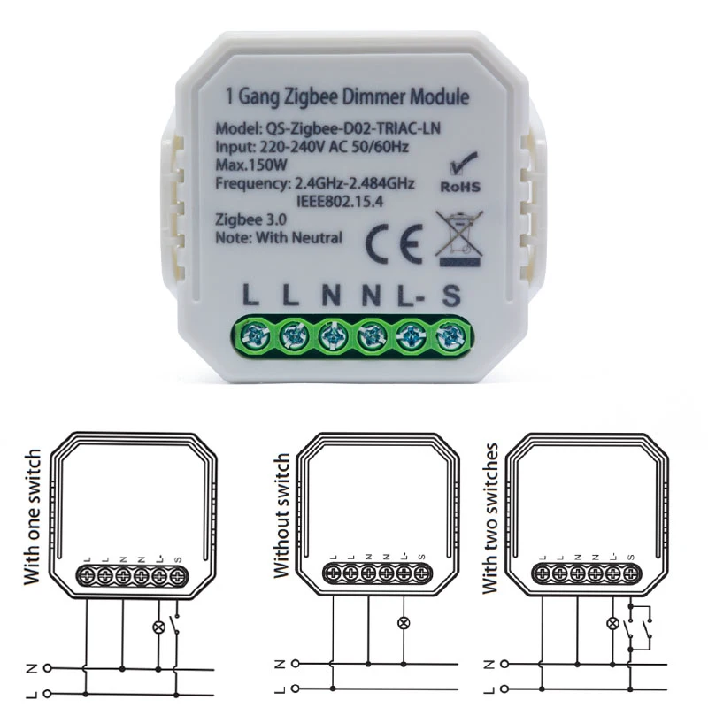 

Lonsonho Tuya Smart Zigbee Dimmer Switch Module 1/2 Gang With Neutral 2 Way Wireless Control Works With Alexa Google 220V 150W