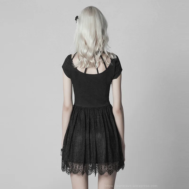 Женское кружевное платье с коротким рукавом в стиле панк черное повседневное