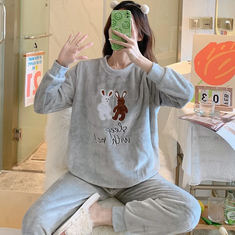 

2021 Winter Long Sleeve Thick Warm Flannel Pajama Set for Women Cute Cartoon Coral Velvet Sleepwear Suit Pyjama Homewear Clothes
