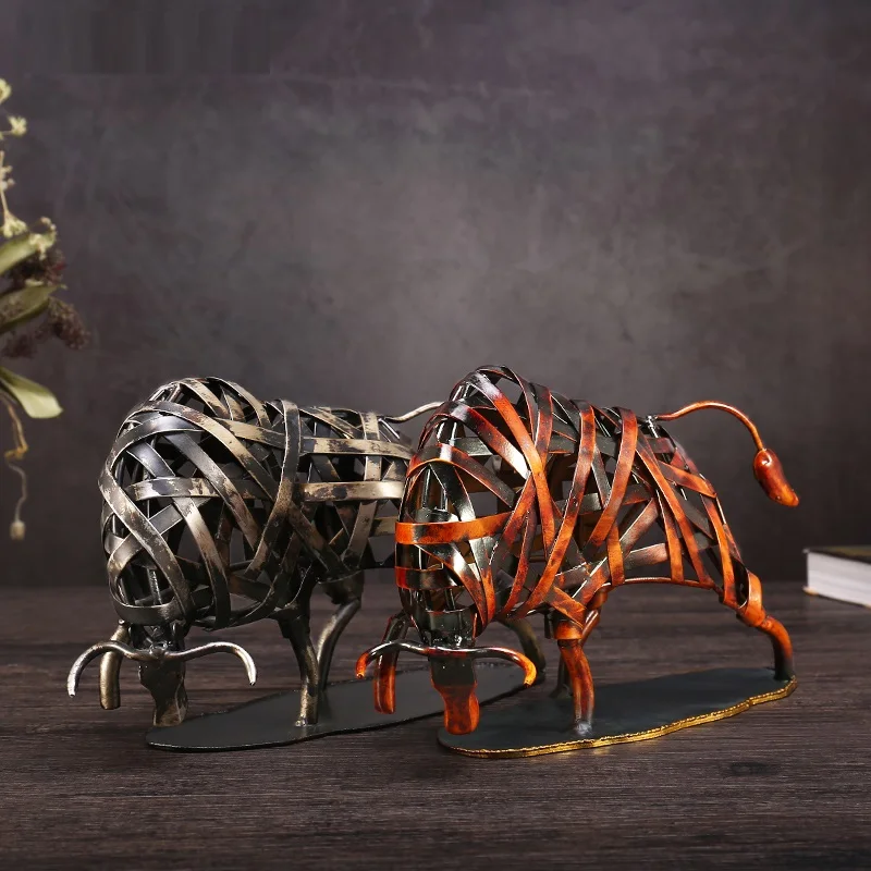 METAL WEAVING CATTLE STATUETTE RED IRON ART SCULPTURE FIGURINE MODERN HOME DECORATION ACCESSORIES ANIMAL CRAFT GIFT L3037 | Дом и сад