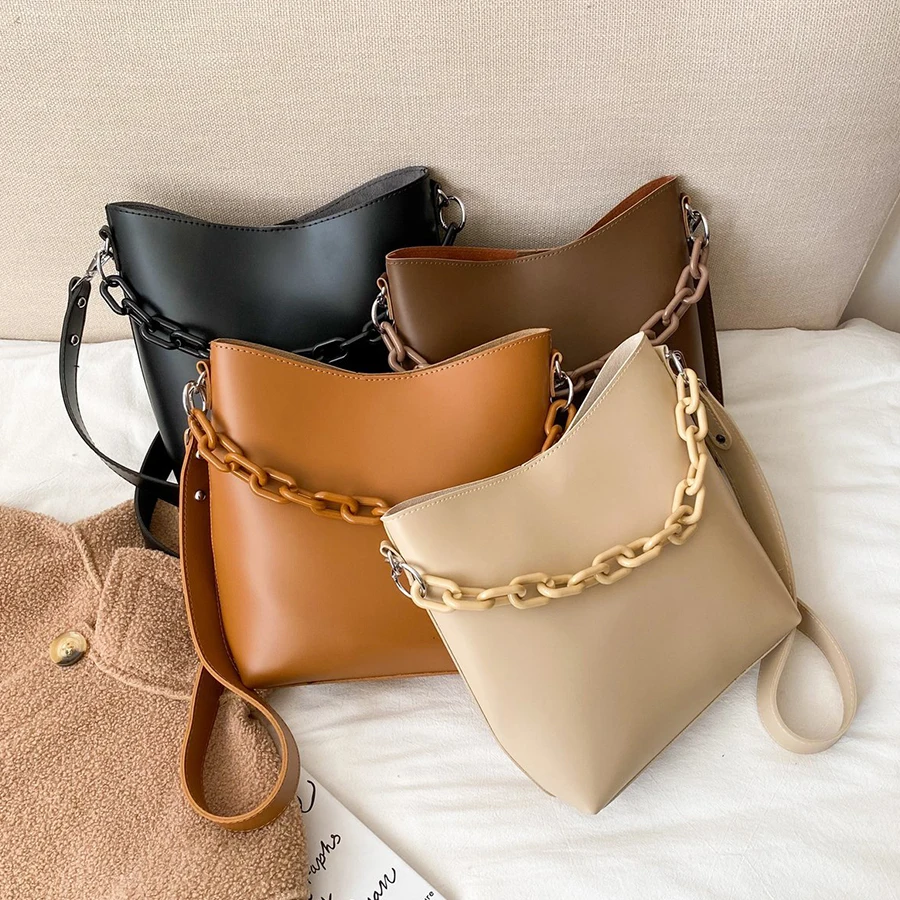

Designer Crude Chain Bucket Handbags PU Leather Casual Crossbody Bags for Women Shoulder Bag Solid Color Hand Bags Women 2021
