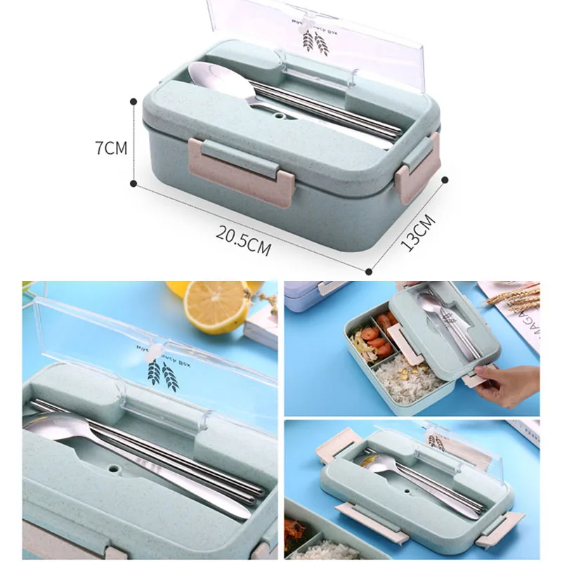 1.1L Ланч бокс 3 слоя пшеничной соломы Bento коробка герметичная микроволновая посуда