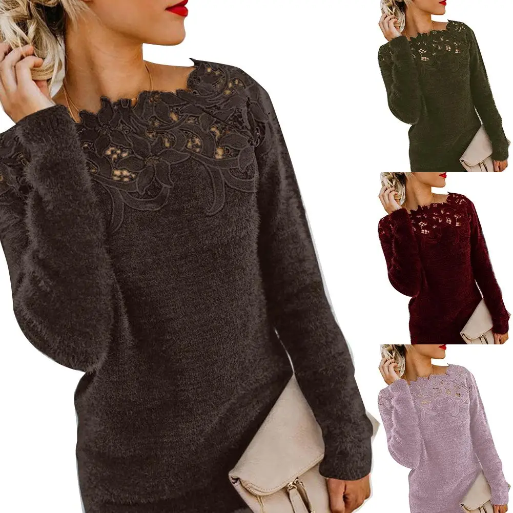 Женская кружевная блузка с круглым вырезом однотонная облегающая пуловер
