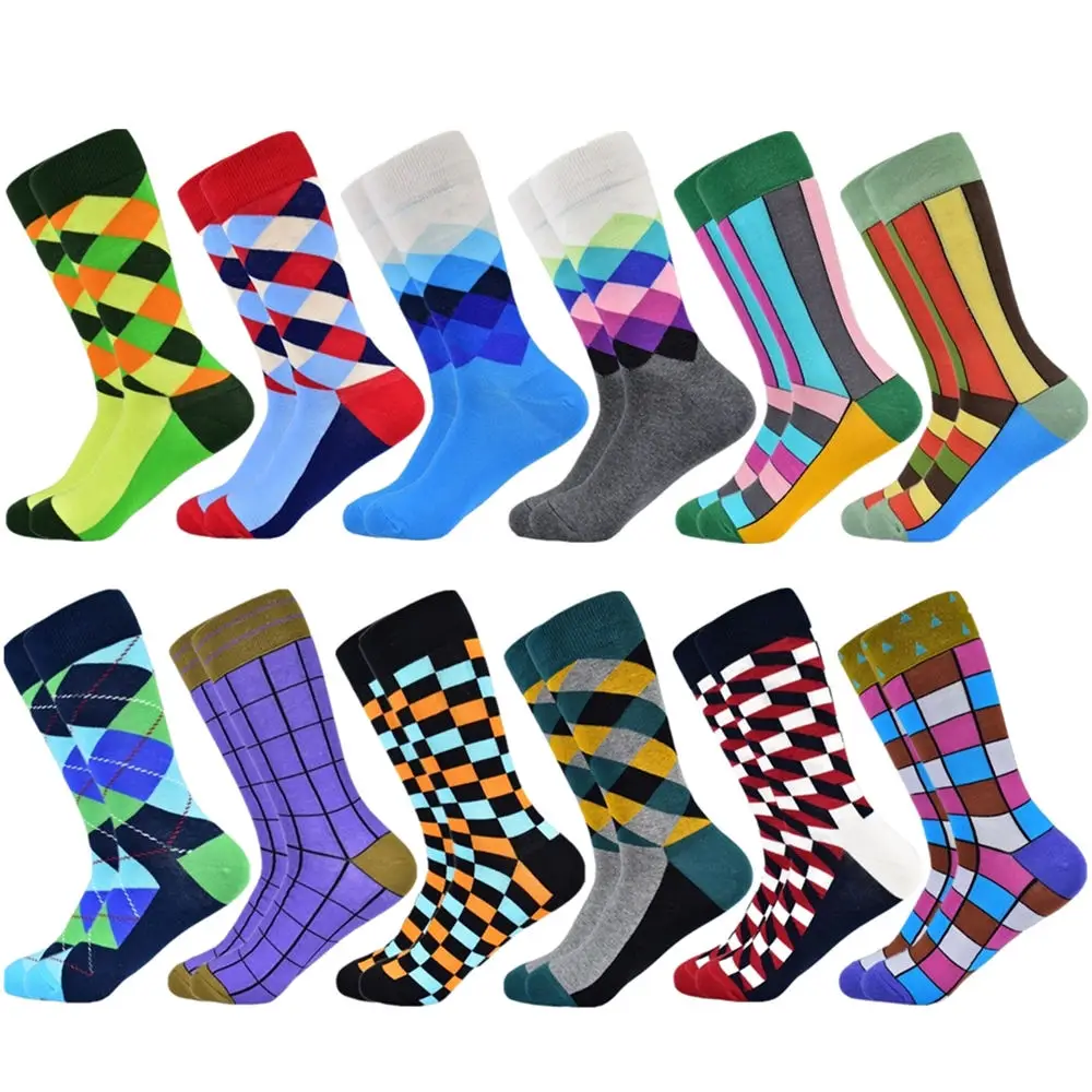 12 pairs socks-20 Популярные мужские носки из чесаного хлопка подарки для мужчин клетчатые геометрические повседневные мужские носки Цветные счастливые мужские носки - Цвет: 12 pairs socks-20
