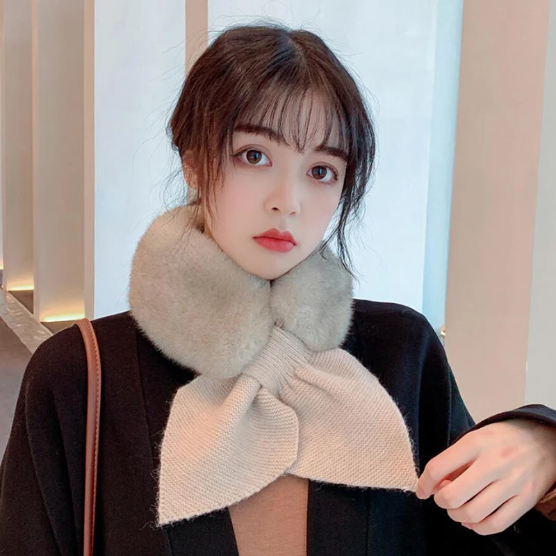 

2021 New Autumn Winter Faux Fur Collar Neck Warmer Scarves for Women Fashion Crochet Solid Color Knitted Heart Bow Scarf