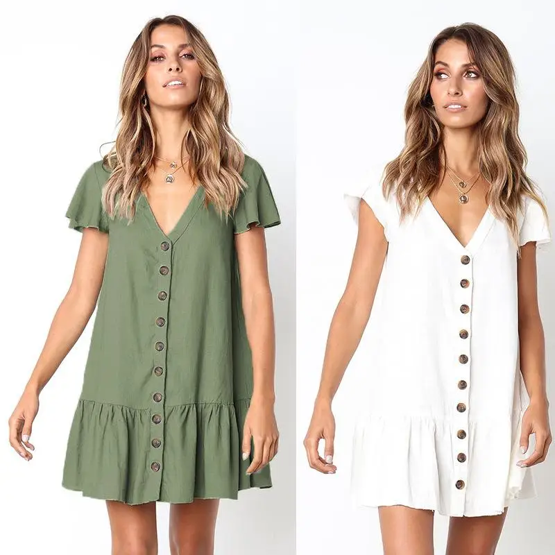 

ZITY Summer V-neck Button Cotton Linen Dress Women 2019 White Loose Short Sleeve Mini Casual Dress Vestidos