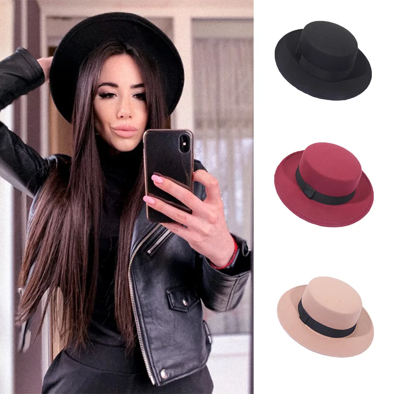 

Spring Autumn Wool Boater Flat Top Hat For Women's Felt Wide Brim Fedora Hat Jazz Cap Classic Bowler Gambler Top Hat