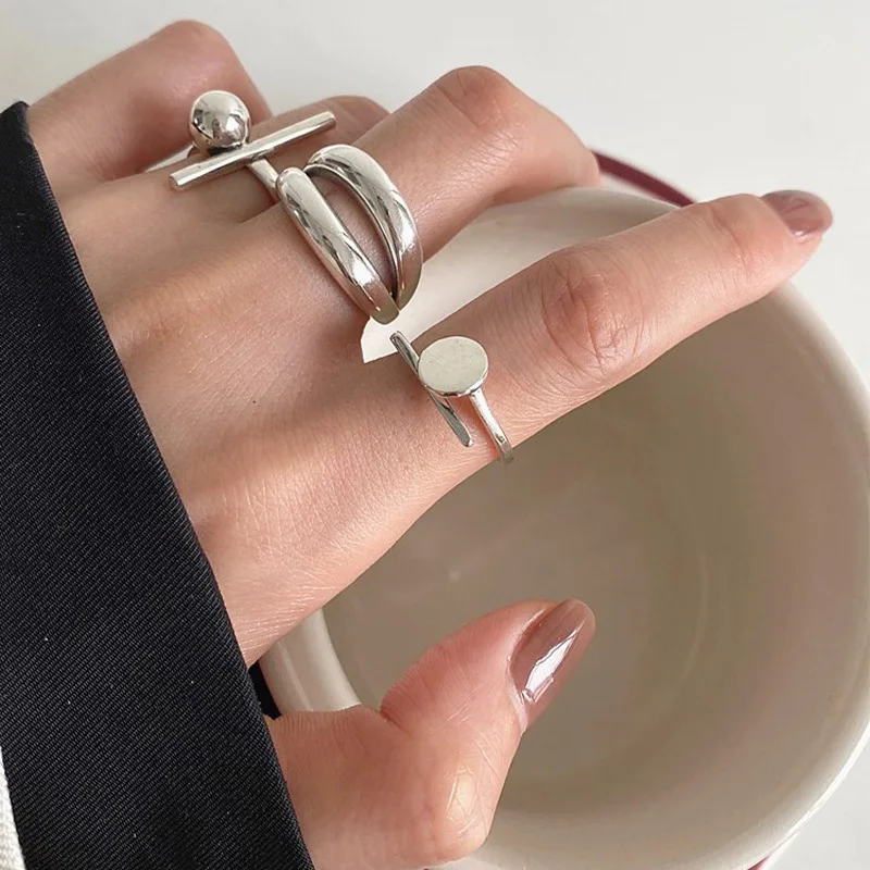 

7Rings 2021 New Niche Fashion Design Geometric Minimal Silver Open Rings for Women Men Simple Jewelry for Couple