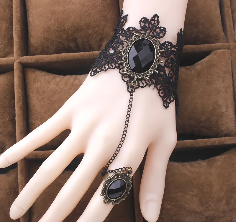 

High Quality Black Lace Bracelet Finger Hand Chain Harness Women Bracelet Metal Crystal Charm Steampunk Lady Vintage Jewelry