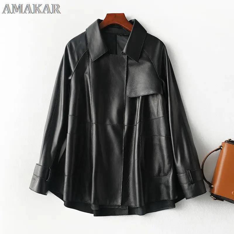 

Spring Autumn Genuine Leather Jacket Big Pocket 2021 Chic Loose MotoBike BF Vintage Retro Women Sheepskin Coat Plus Size