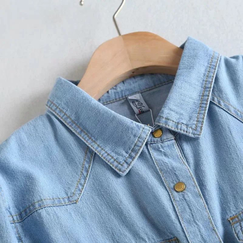 Рубашка женская джинсовая с длинным рукавом приталенная Повседневная винтажная