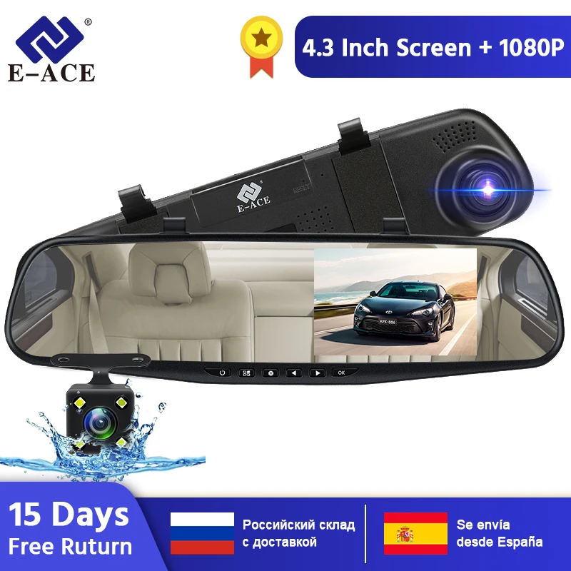 E-ACE, 4,3 дюймов, Автомобильный видеорегистратор, камера Full HD 1080 P, автоматическая камера, зеркало заднего вида с dvr и камерой, видеорегистратор, видеорегистратор для автомобиля