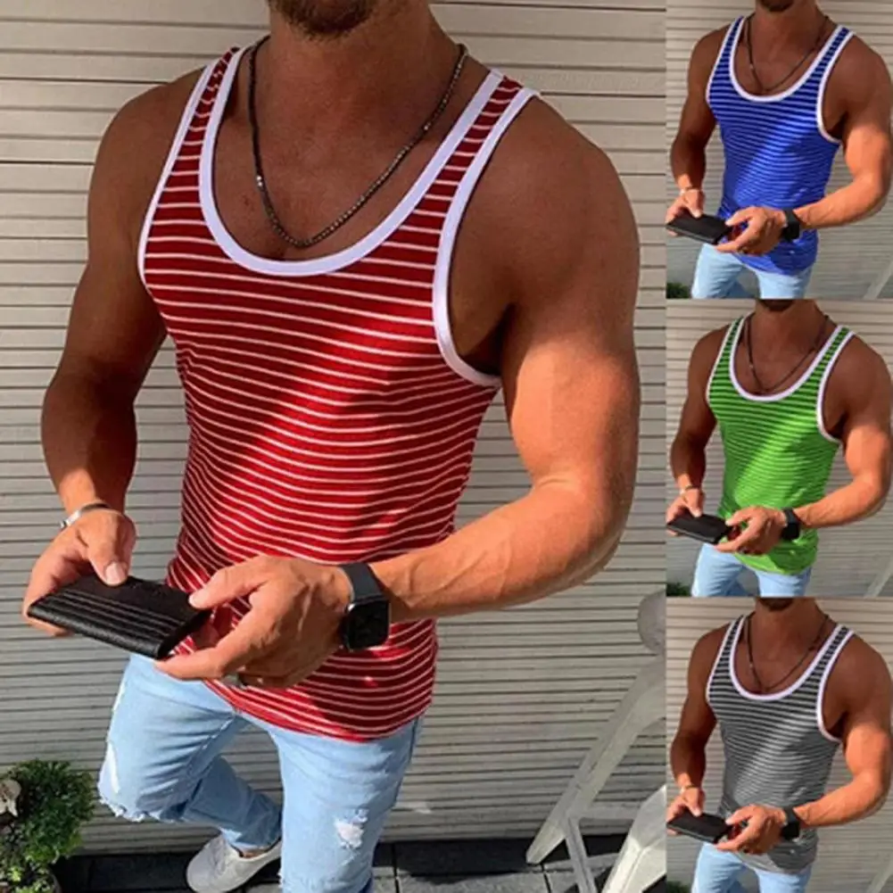

Summer Men Vest Sleeveless Horizontal Stripes O Neck Slim Tank Top T-shirt for Bodybuilding Male Fitness Vest Shirts Plus Size
