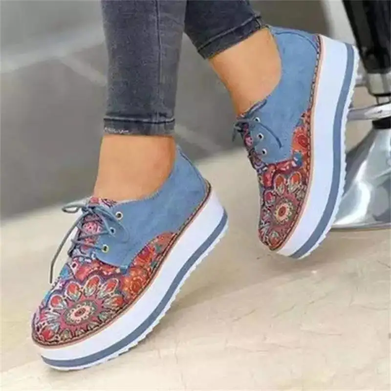

2021 New Women's Shoes Fashion Trend Daily PU Stitching Color Matching Printing Lace-up Platform Comfortable Casual Shoes 7KG132