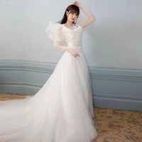 white tulle prom dress long sleeve wedding dress sweep train a line evening dresses women dress for bridal autumn white gowns