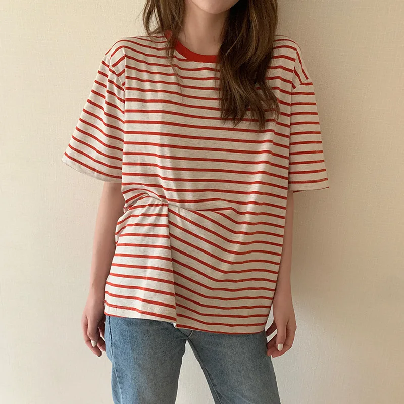 

Summer 2020 South Korean version ins lazy wind leisure stripes loose five-sleeve age-reducing students round collar T girls
