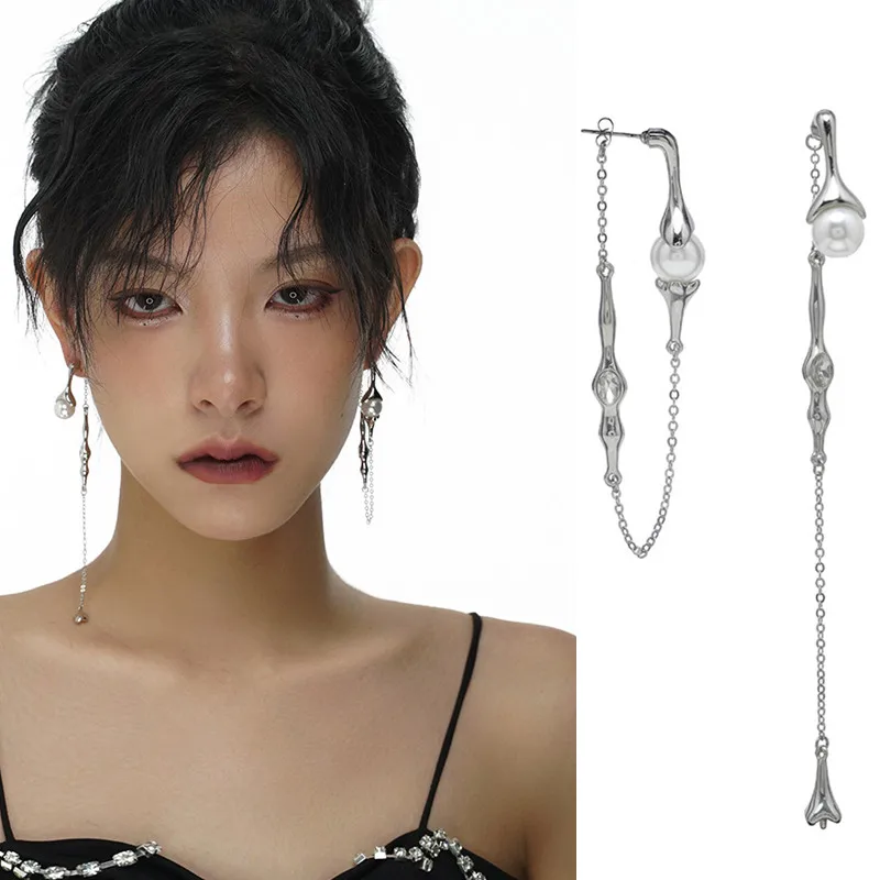 

XIALUOKE S925 Needle Punk Long Tassels Pearl Drop Earrings For Women Personality Hyperbole Earrings 2021 New Jewelry Gift