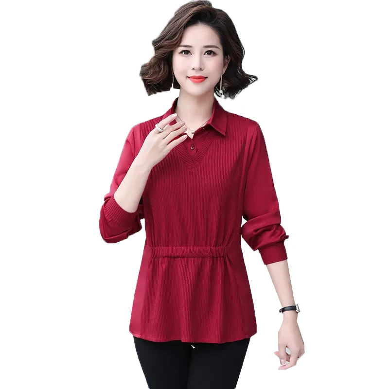 2022 New Fake Two Pieces T-shirts Women Long Sleeves Tops Spring Autumn Middle Age Mother Pullovers Shirt collar Tops Ladies