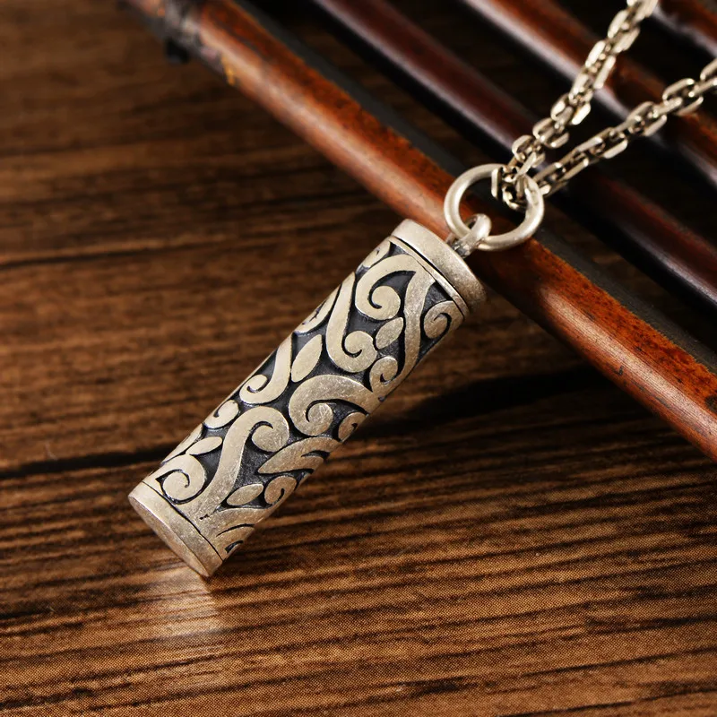 

Retro Thai Silver National Style Carved Long Column Openable Pendant MeibaPJ S925 Sterling Silver Exquisite Gift Jewelry