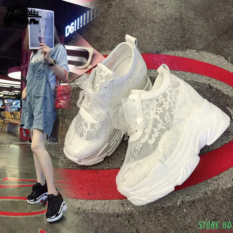 

Кроссовки на танкетке, сетчатые, на шнуровке, Вулканизированная подошва, обувь на платформе, белые