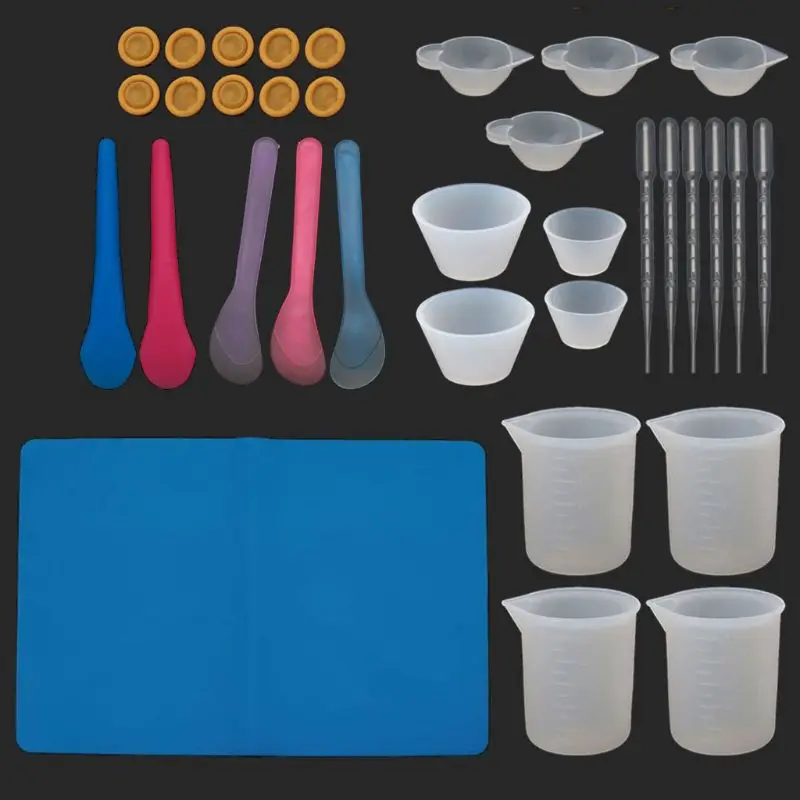 

34Pcs Silicone Resin Kit Silicone Mat 100ml Measuring Mixing Divided Cups F3MD