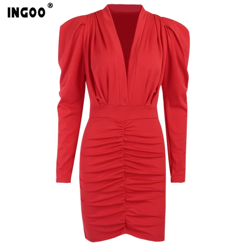 

INGOO Sexy Party Ruched Bodycon Dress 6 Color Autumn Elegant Slim Puff Sleeve V Neck Solid Color High Wasit Pencil Mini Dresses